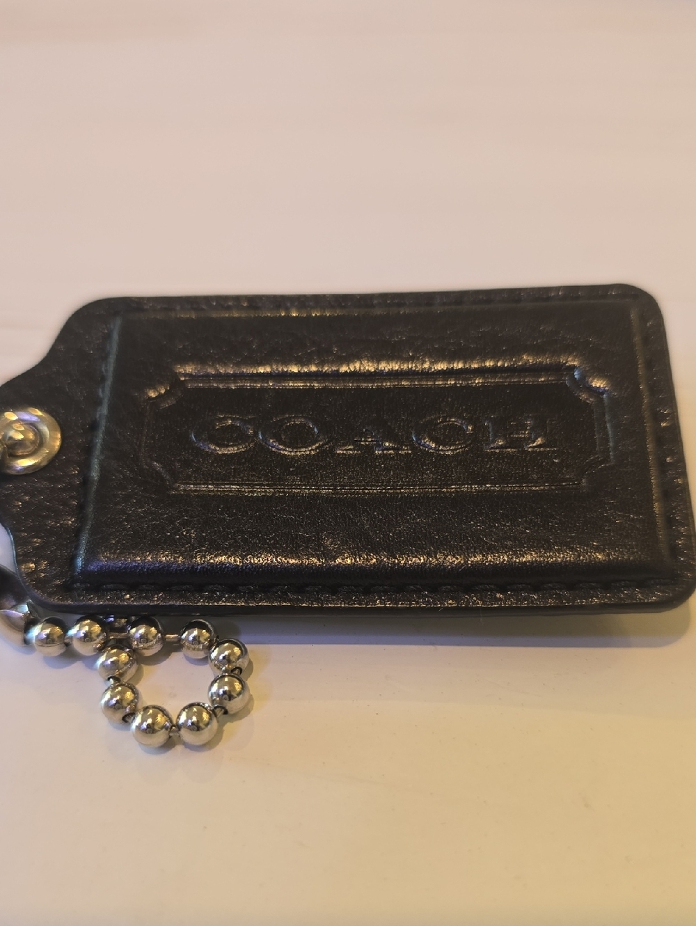 Coach Black Leather Key Tag with Silver Ball Chain